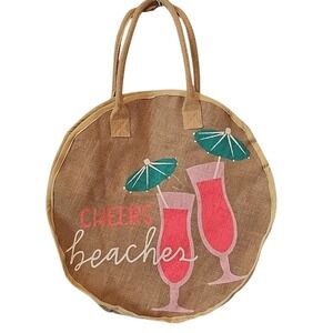 Burlap Tote Bag Beach Cocktails Round Jute Bag